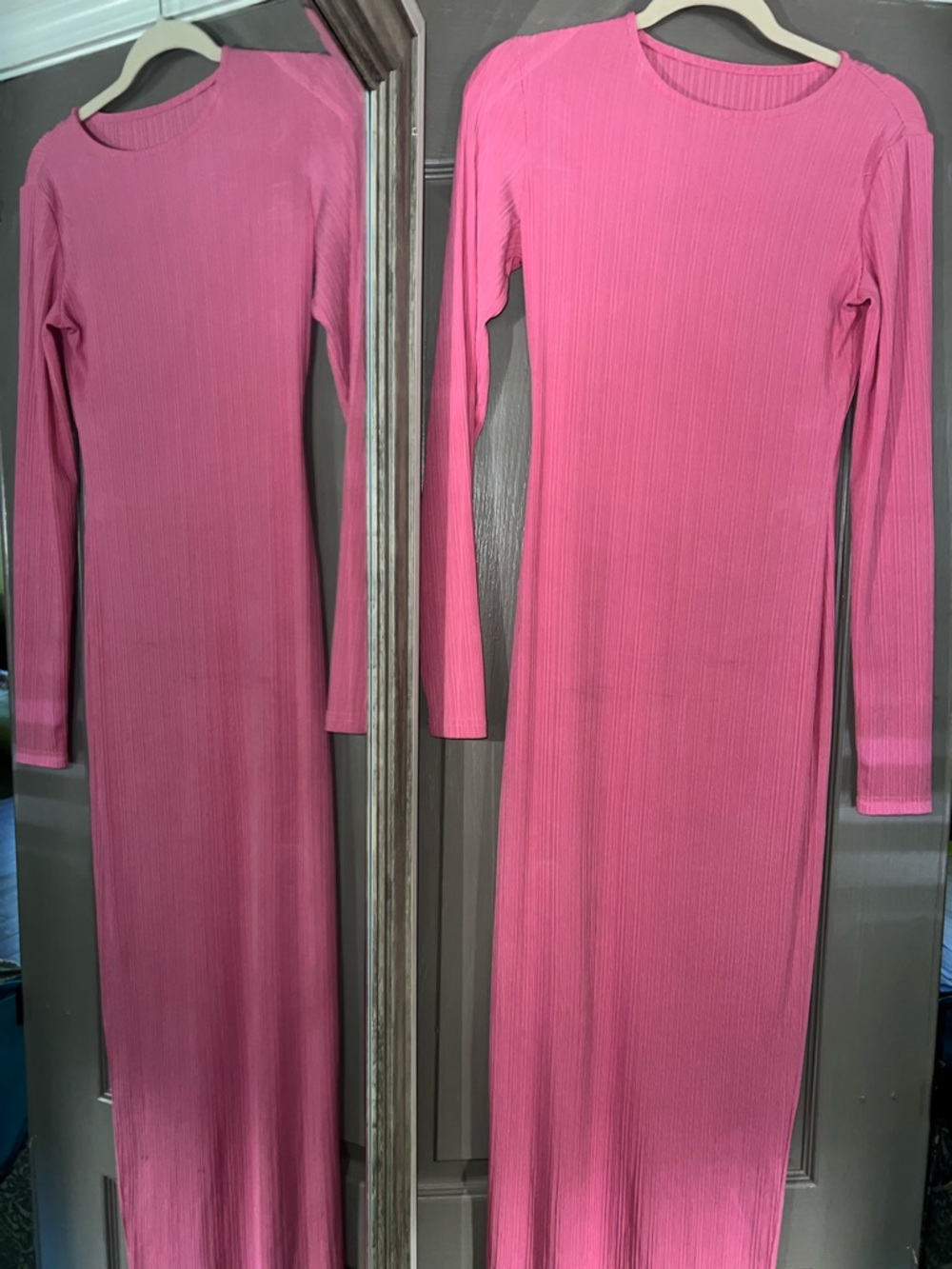 Pink Maxi Long Sleeve Ribbed Women's Dress - Picture 2 of 7